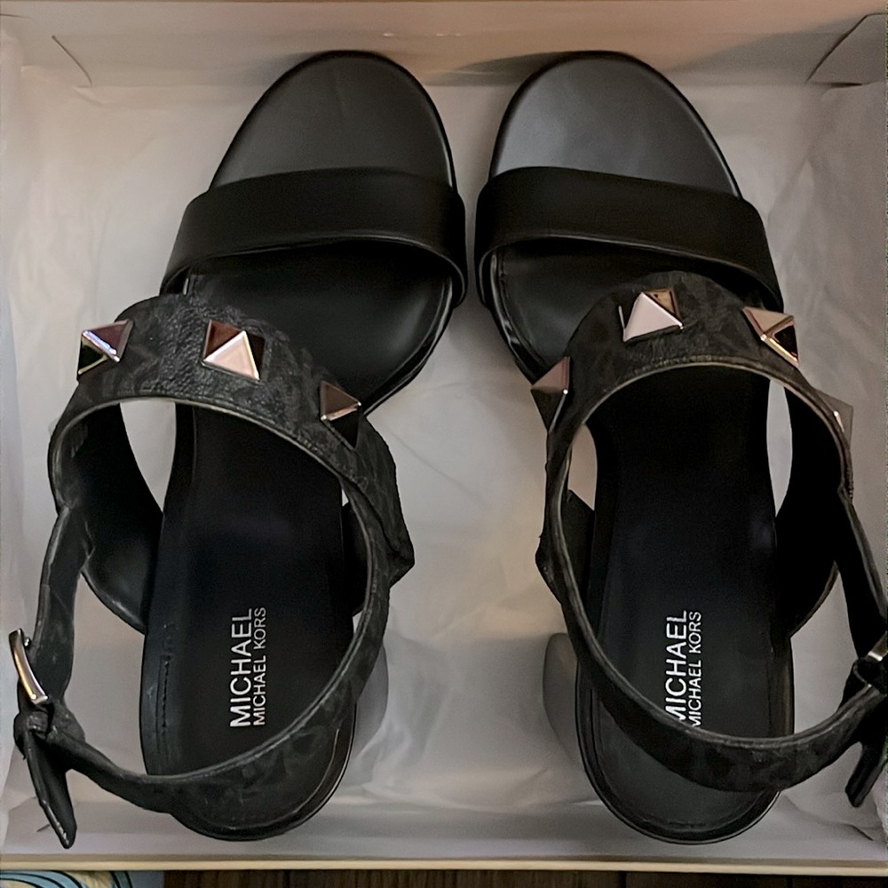 Michael Kors Wren Platform dress sandal with studs, black logo - Picture 8 of 10
